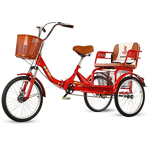 Folding Bike : zyy Adult Tricycle 1 Speed Size Cruise Bike 20-Inch with Adjustable Cruiser Bike Seat Foldable Tricycle with Basket for Adults Brake System Cruiser Bicycles for Men / Women / Seniors / Youth (Color : Red)