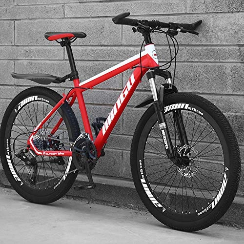 Mountain Bike : 26-Inch 21 24 27-Speed Men's Mountain Bike, High-Carbon Steel Hard-Tail Mountain Bike, Adult Bike MTB Gears Dual Disc Brakes, Red, 26 Inch 27 Speed