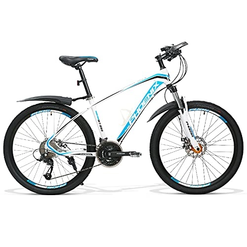 Mountain Bike : 26 Inch 27 Speed Mountain Bike With Lockable Suspension Fork, Adult Mountain Bike With Dual Disc Brake, Aluminum Alloy Frame Outdoor Bikes City Commuter Bike With Adjustable Seat(Color:White blue)