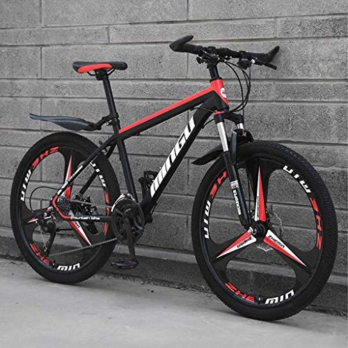 Mountain Bike : 26 Inch Men's Mountain Bikes, High-Carbon Steel Hardtail Mountain Bike, Mountain Bicycle with Front Suspension Adjustable Seat, Black Red 3 Spoke, 30 Speed