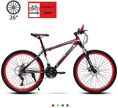 Mountain Bike : 26in Mountain Bike, Double Disc Brake High Carbon Steel Frame Mountain Bikes, Outdoor Cycling 21 / 24 / 27 Speed, Men And Women Sports Bicycle, 21 speed-Red