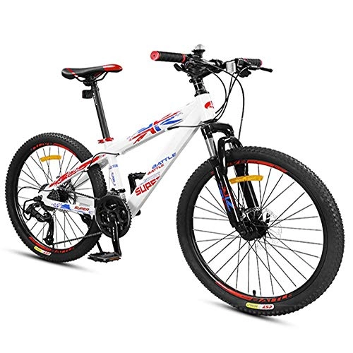 Mountain Bike : Boys Mountain Bikes, Mountain Trail Bikes with Dual Disc Brake, Front Suspension Aluminum Frame All Terrain Mountain Bicycle, White, 24 inch 27 Speed FDWFN