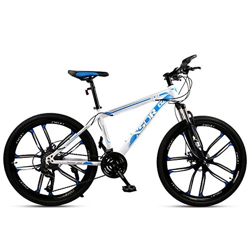 Mountain Bike : Chengke Yipin Mountain bike Outdoor student bicycle 26 inch One wheel Spring front fork High carbon steel frame Double disc brakes City road bike-White blue_21 speed