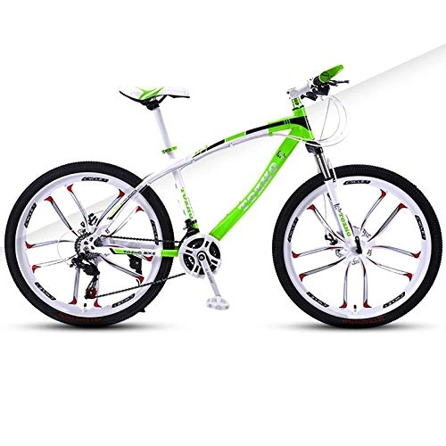 Mountain Bike : DGAGD 24 inch mountain bike adult variable speed damping bicycle double disc brake ten-wheel bicycle-White and green_21 speed