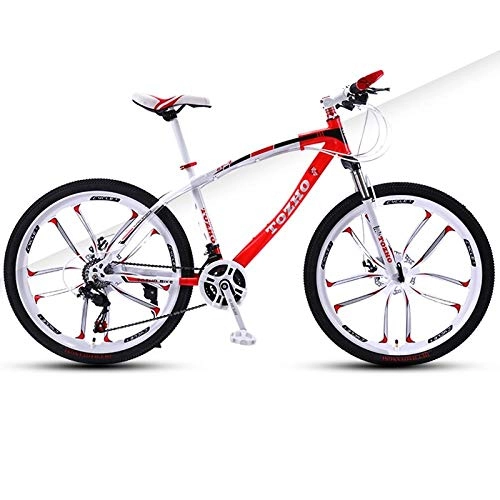 Mountain Bike : DGAGD 24 inch mountain bike adult variable speed damping bicycle double disc brake ten-wheel bicycle-White Red_21 speed