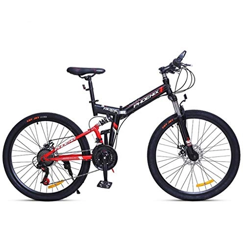 Mountain Bike : Dsrgwe Mountain Bike, Steel Frame Folding Mountain Bicycles, Dual Suspension and Dual Disc Brake, 24inch / 26inch Wheels (Color : Black+Red, Size : 24inch)