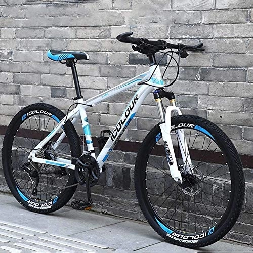 Mountain Bike : DULPLAY 26 Inch 27 Speed Mountain Bike For Adult, Suspension Fork, Lightweight Aluminum Full Suspension Frame, Disc Brake White And Blue 26", 27-speed