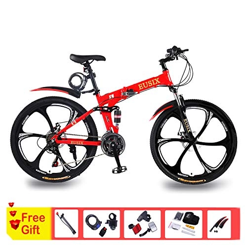 Mountain Bike : EUSIX X9 26 inches Mountain Bike for Men and Women Aluminum Frame Folding Bicycle with Suspension and 21 Speed Gear