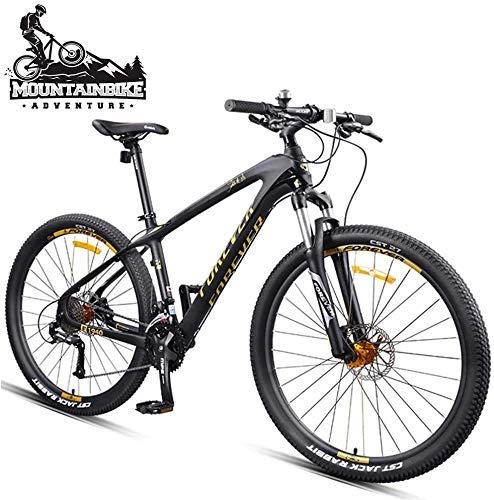 Mountain Bike : GQQ Men's Mountain Bike 27.5 inch Wide Tires, Variable Speed Bicycle Hardtail MTB with Front Suspension, Disc Brakes Two Bicycles, Frames Made of Carbon Fiber, Black Gold, 30 Speed, Black Gold