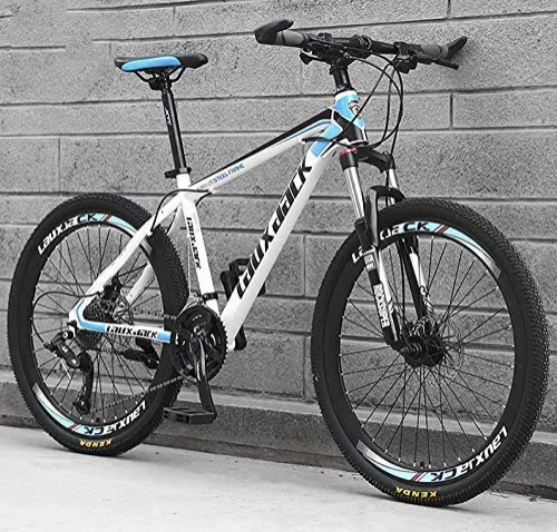 Mountain Bike : GQQ Mountain Bike, Young Students Mountain Bikes High Carbon Steel Frame Road Bicycle Racing 24 inch Spoke Wheel Suspension Fork Dual Disc Brake Bicycles, White Blue, 27 Speed