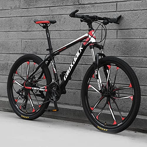 Mountain Bike : GREAT Adults Mens Mountain Bike 26" 10-Spoke Wheels Carbon Steel Frame 21 / 24 / 27 Speed Full Suspension Bicycle Dual Disc Brake MTB(Size:21 speed, Color:Red)