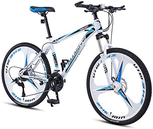 Mountain Bike : HUAQINEI Mountain Bikes, 24 inch mountain bike male and female adult variable speed racing ultra-light bicycle three-knife wheel Alloy frame with Disc Brakes (Color : White blue, Size : 27 speed)