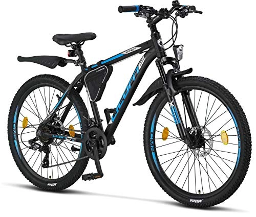Mountain Bike : Licorne Bike Effect Premium Mountain Bike - Bicycle for Boys, Girls, Men and Women - Shimano 21 Speed Gear, 26 inch, Black / Blue (2x Disc Brake)
