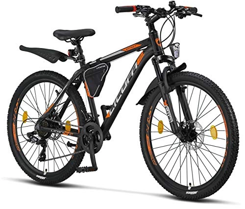 Mountain Bike : Licorne Bike Effect Premium Mountain Bike - Bicycle for Boys, Girls, Men and Women - Shimano 21 Speed Gear, 26 inch, Black / Orange, (2x Disc Brake)