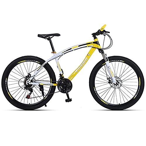 Mountain Bike : LZHi1 26 Inch Mountain Bike 27 High Carbon Steel Frame Adult Bike Front Suspension Anti-Slip Bicycle Dual Disc Brakes Mountain Bicycles For Men Women(Color:White yellow)