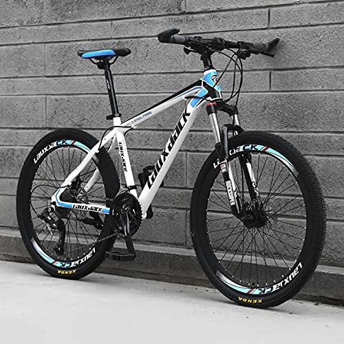 Mountain Bike : LZHi1 26 Inch Mountain Bike For Adult And Youth, 27 Speed Double Disc Brake Suspension Mountain Bicycle, Carbon Steel Frame City Road Bikes For Men And Women(Color:White blue)