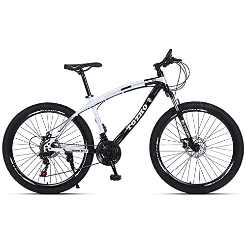 Mountain Bike : LZHi1 26 Inch Mountain Bike For Men Women, 27 Speed Front Suspension Dual Disc Brakes Adult Mountain Bicycles, High Carbon Steel Frame Anti-Slip City Road Bikes(Color:White black)