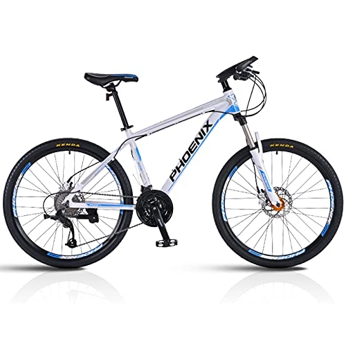 Mountain Bike : LZHi1 26 Inch Suspension Fork Mountain Bike For Women And Men, 27 Speed Outroad Mountain Bicycle With Dual Disc Brakes, Adult Mountain Bike Commuter Bike With Adjustable Seat(Color:White blue)
