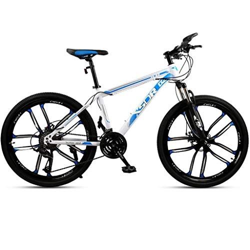 Mountain Bike : Mountain Bike, Carbon Steel Frame Bicycles, Double Disc Brake and Shockproof Front Suspension, 26inch Mag Wheel (Color : White+Blue, Size : 24-speed)