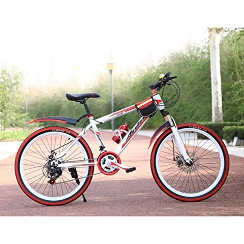 Mountain Bike : Mountain Bike, Steel Frame Hard-tail Bicycles, 26inch Wheel, Dual Disc Brake and Front Suspension, 21 Speed, 24 Speed (Color : White+Red, Size : 21 Speed)