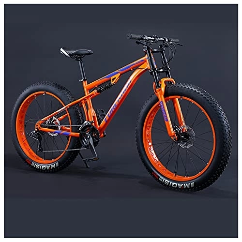 Mountain Bike : NENGGE 24 Inch Fat Tire Hardtail Mountain Bike for Men and Women, Dual-Suspension Adult Mountain Trail Bikes, All Terrain Bicycle with Adjustable Seat & Dual Disc Brake, Orange, 24 Speed