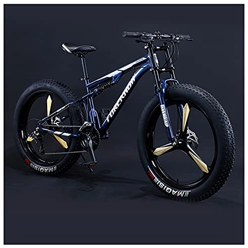 Mountain Bike : NENGGE Mens Women Fat Tire Mountain Bike, 26-Inch Wheels, 4-Inch Wide Off-road Tires, 7 / 21 / 24 / 27 / 30 Speed Full Suspension Moutain Bicycle for Adults Teens, Carbon Steel, 30 Speed, Blue 3 Spoke
