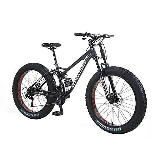 Mountain Bike : PBTRM Fat Tire Mountain Bike for Men, Dual-Suspension Adult Mountain Trail Bikes, 24 / 26 Inch Wheels, 7 Speed, 4 Inch Knobby Tire, All Terrain Bicycle, Dual Disc Brake, Black, 26