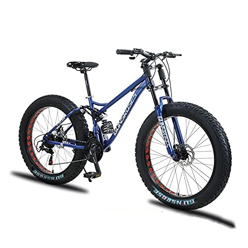 Mountain Bike : PBTRM Fat Tire Mountain Bike for Men, Dual-Suspension Adult Mountain Trail Bikes, 24 / 26 Inch Wheels, 7 Speed, 4 Inch Knobby Tire, All Terrain Bicycle, Dual Disc Brake, Blue, 24