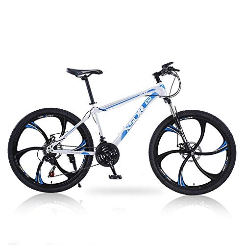 Mountain Bike : peipei 26-inch 21-speed, 24-speed, 27-speed three-speed / six-speed / ten-speed wheel front and rear double disc brake mountain bike-White and blue six knife wheels_24 inch 21 speed