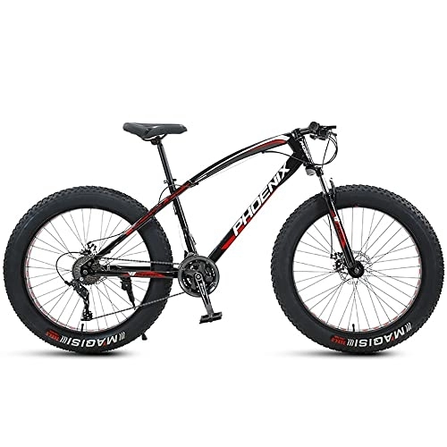 Mountain Bike : PY 24 inch Mountain Bikes, Adult Fat Tire Mountain Trail Bike, 21 / 24 / 27 / 30 Speed Bicycle, High-Carbon Steel Frame Dual Full Suspension Dual Disc Brake / Black Red / 24Inch 30Speed