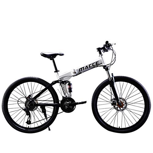 Mountain Bike : W&TT Adults Mountain Bike 21 / 24 / 27 Speeds Off-road Double Shock Absorption Bicycle 24 / 26 Inch High Carbon Soft Tail Folding Bicycle with Dual Disc Brakes, White, C26Inch21S