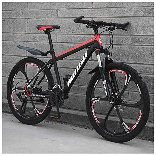 Mountain Bike : WJSW 26 Inch Men's Mountain Bikes, High-carbon Steel Hardtail Mountain Bike, Mountain Bicycle with Front Suspension Adjustable Seat, 24 Speed, Black Red 6 Spoke