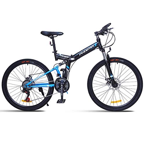 Mountain Bike : WZB Folding Mountain Bike for a Path, Trail & Mountains, Black, Aluminum Full Suspension Frame, Twist Shifters Through 24 Speeds, Blue, 24