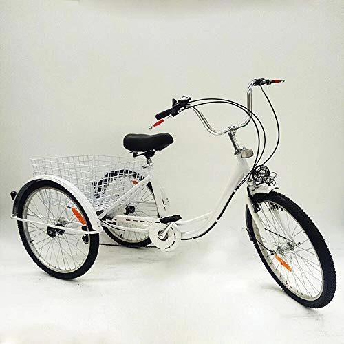 Road Bike : BTdahong White 24" Adult Tricycle 3 Wheel 6 Speed Bicycle Trike Cruise for Elders Shopping Basket + Lamp