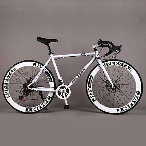 Road Bike : laonie Mountain Bicycle Fixed Gear Road Bike Speed Double Disc Brakes Men and Women 60 Knife Wheel sStudent Adult-White bend_21 speed
