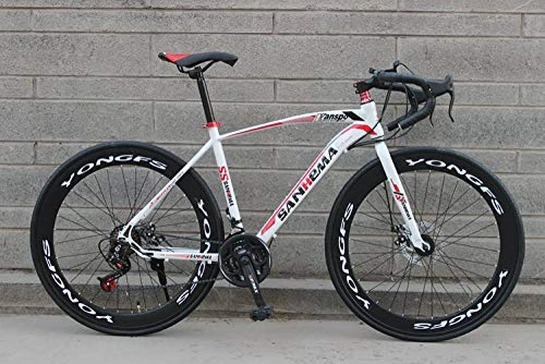 Road Bike : Men Road Bike 700C Wheels, Adult Racing Bicycle With Dual Disc Brake, High Carbon Steel Frame Road Bikes, 26 Inch, City Utility Bicycle For Women-White Red