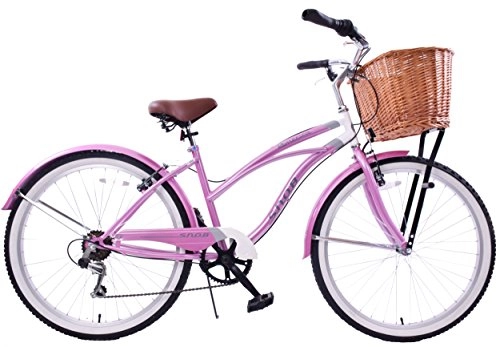 Road Bike : NEW CLASSIC LADIES PINK COMFORT BEACH STYLE CRUISER BIKE & WICKER BASKET 16" FRAME