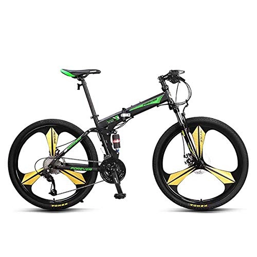 Road Bike : PXQ Mountain Folding Bike 26 Inch Adults Double Shock Absorber Soft Tail 27 Speeds Off-road Bicycles, Disc Brake and Full Suspension Fork, Green