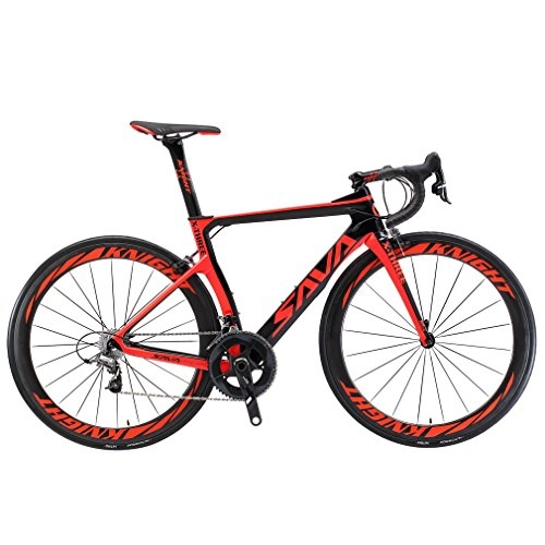 Road Bike : SAVA Phantom5.0 700C Carbon Fiber Road Bike Cycling Bicycle with SRAM FORCE 22 Speed Group Set HUTCHINSON 25C Tire and Fizik Saddle (56cm, Black Red)