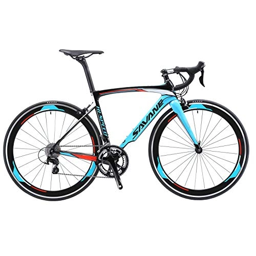 Road Bike : SAVADECK Warwind5.0 Carbon Road Bike 700C Full Carbon Frame Racing Bicycle with Shimano 105 R7000 22 Speed Groupset Ultra-Light Carbon Fiber Bicycle (Blue, 48cm)