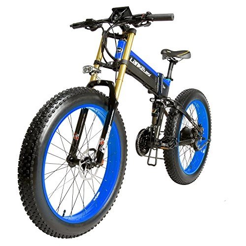 Road Bike : SMLRO Lankeleisi 26"Fat Tire Bike Shimano 27Speed Full Suspension Folding Electric 48V10ah Snow Mountain Beach e-vlo with 1000W motor, 5in LCD Speedometer, Dual Hydraulic Disc Brake, blue