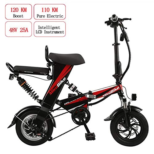 Road Bike : W&TT Folding Electric Bike Adult 48V 25AH 350W High Power Double E-bike with Endurance 110KM and Top Speed 25km / h, Double Disc Brakes 12" City Bicycle, Black