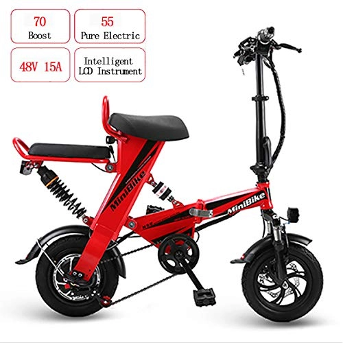 Road Bike : W&TT Folding Electric Bike for Adult 48V 15AH 350W Double E-bike with 55KM Range and Top Speed 25km / h, Double Disc Brakes 12" Bicycle Commuter Bike, Red