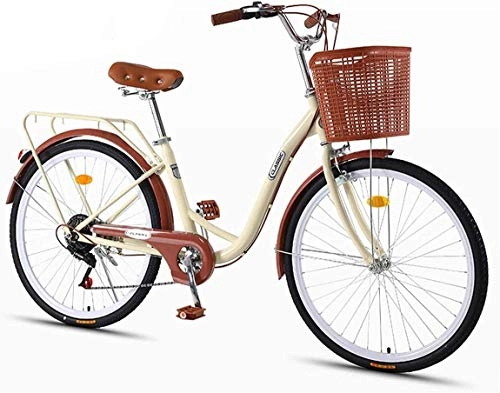 City : 7-Gang Womens Comfort Bikes Beach Cruiser Bike, Rahmen aus kohlenstoffhaltigem Stahl, vorderer Korb, Gepäckträger, klassisches Retro-Fahrrad für Erwachsene, B, 24in