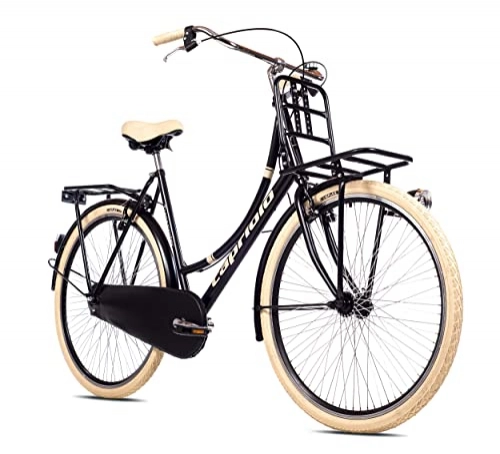 City : breluxx® 28 Zoll Damenfahrrad Hollandrad Transporter mit Nabenschaltung, Gepäckträger + Licht, schwarz beige