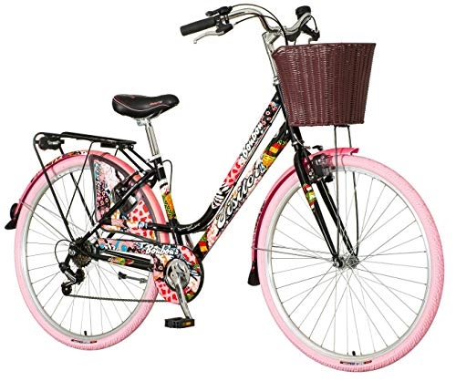 City : breluxx® 28 Zoll Damenfahrrad Venera Fashion Bonbon Citybike mit Korb + Licht Retro Damenrad, 6 Gang Shimano, rosa Reifen