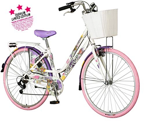 City : breluxx® 28 Zoll Damenfahrrad Venera Fashion Holi Color Citybike mit Korb + Licht Retro Damenrad, 6 Gang Shimano, rosa Reifen, Modell 2020