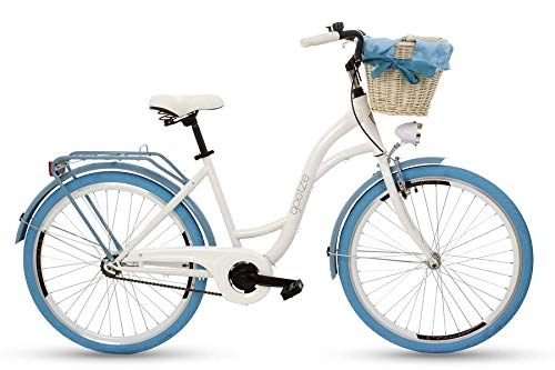 City : Goetze Damenfahrrad 26 Zoll Damen Citybike Stadtrad Damenrad Hollandrad Retro-Design Weidenkorb LED-Beleuchtung Weiß / Blau