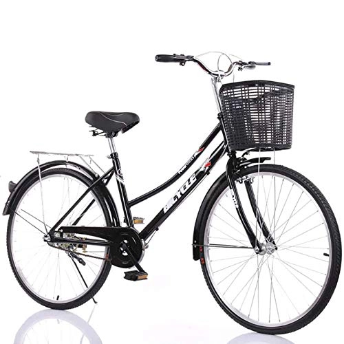 City : GOLDGOD Gemütlich Mädchen-Citybike Kohlenstoffstahlrahmen Cruiser Bikes Mit Korb Und Doppelbremse Aluminiumräder Damenfahrrad Zum Pendeln Und Reiten Im Freien, Schwarz, 24 inch