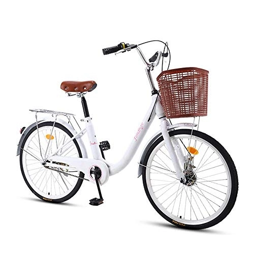 City : JHKGY Klassisches Cruiser Bike, Retro Singlespeed Bike, Rahmen Aus Kohlenstoffhaltigem Stahl, Mit Frontkorb & Gepäckträger, Single Speed Comfort Bikes Für Männer Frauen, Weiß, 24 inch